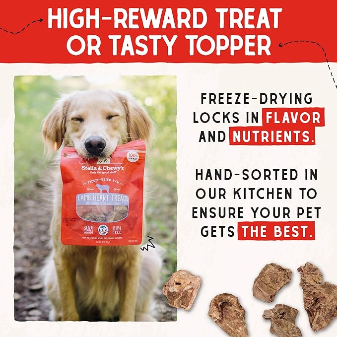 Stella & Chewy's Freeze-Dried Raw Lamb Heart Dog Treats - Single Ingredient, No Additives - Premium Training Treats - Perfect For Picky Eaters - 3oz Bag