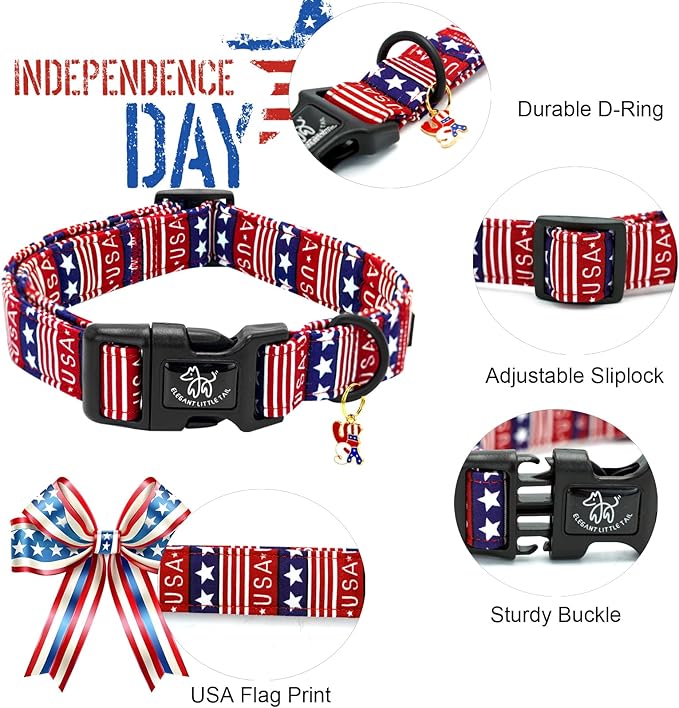 Elegant little tail Independence Dog Collar, 4th of July Holiday Pet Collars Cotton Patriotic Puppy Girl or Boy Soft Pet Gift Adjustable Dog Collar for Small Medium Large Dogs