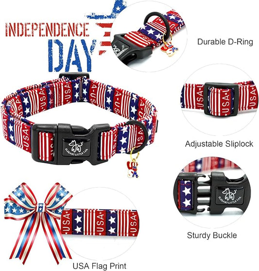 Elegant little tail Independence Dog Collar, 4th of July Holiday Pet Collars Cotton Patriotic Puppy Girl or Boy Soft Pet Gift Adjustable Dog Collar for Small Medium Large Dogs
