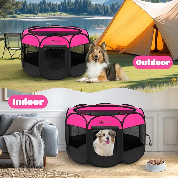 Dog Cat Playpen, Medium Puppy Pet Playpen, Dog Crate Tent Cage Indoor/Outdoor, Portable Pop Up Dogs Kennel Playpen with Carrying Case for Dogs/Cats/Rabbits, Hot Pink