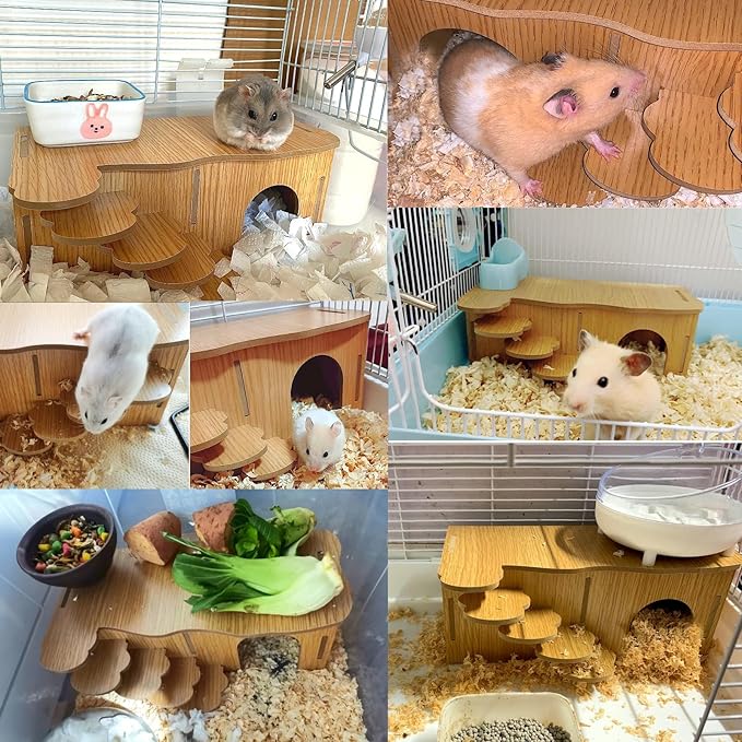 Hamiledyi Hamster Hideout with Ladder Dwarf Hamster Wooden Maze Tunnel Platform Multi Chamber Exploring Toy Habitat Decor for Gerbil Syrian Mouse Brown