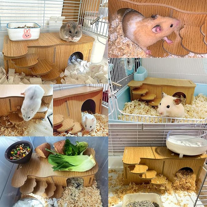 Hamiledyi Hamster Hideout with Ladder Dwarf Hamster Wooden Maze Tunnel Platform Multi Chamber Exploring Toy Habitat Decor for Gerbil Syrian Mouse Brown