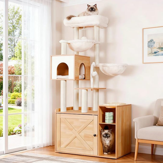 Hey-brother Cat Tree with Litter Box Enclosure, Modern Cat Tower for Indoor Cats with Large Platform, Condo Food Station and 2 Hammocks, All-in-one Cat Furniture, Wood Walnut MPJ115WB