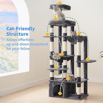 Heybly Cat Tree, 71-Inch Tall Cat Tower for Large Maine Coon Cats with Extra-Large Baseboard, Cat Condo Furniture with Multi-Level Platforms, 2 Hammocks and 12 Scratching Posts, Smoky Gray HCT037G