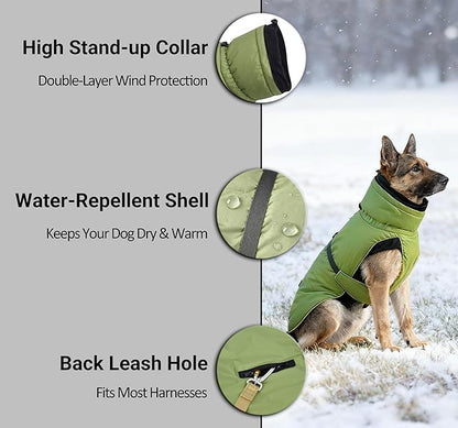 Puffer Dog Winter Coat for Rain and Snow, Water-Repellent and Windproof Jacket Keeps Dogs Warm and Dry, High Collar and Harness Opening Design, Ideal Dog Stocking Stuffer (Green, Large)