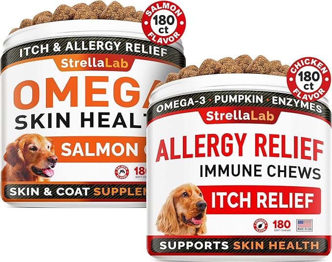 Omega 3 + Allergy Relief for Dogs Bundle - Allergy & Itch Relief + Itchy Skin Treatment - EPA & DHA Fatty Acids + Pumpkin - Shedding, Itchy Skin Relief + Itch Relief- 360 Chews - Made in USA