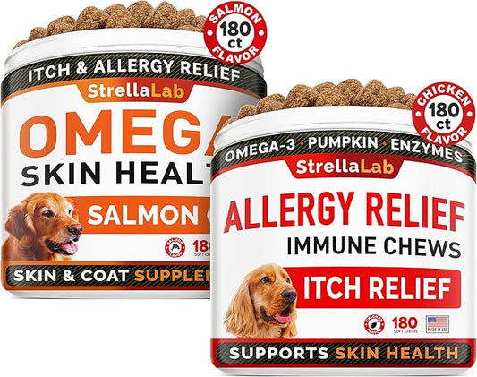 Omega 3 + Allergy Relief for Dogs Bundle - Allergy & Itch Relief + Itchy Skin Treatment - EPA & DHA Fatty Acids + Pumpkin - Shedding, Itchy Skin Relief + Itch Relief- 360 Chews - Made in USA