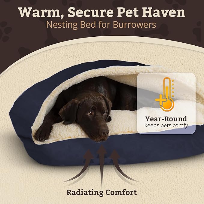 Snoozer Rectangle Cozy Cave Dog Bed - Indoor Dog Bed with Cover Cave, Covered Calming Burrow for Medium & Large Sized Pets with Blanket Attached, Enclosed, Washable Cover - Large, Navy
