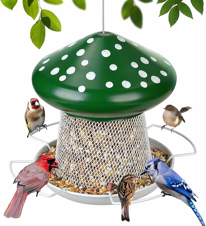IWNTWY Bird Feeder, Heavy Duty Metal Bird Feeders for Outdoor Hanging, Cute Mushroom Shape Wild Birdfeeder for Outside Garden Yard (Green)