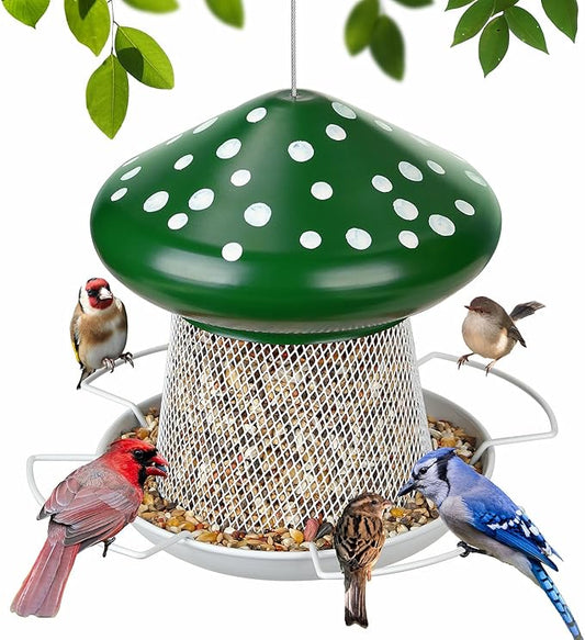 IWNTWY Bird Feeder, Heavy Duty Metal Bird Feeders for Outdoor Hanging, Cute Mushroom Shape Wild Birdfeeder for Outside Garden Yard (Green)