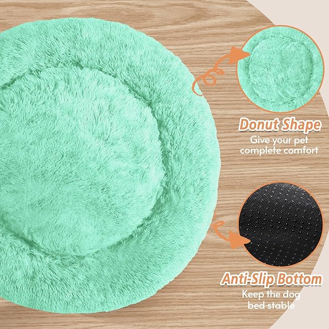 JOLLYVOGUE Small Dog & Cat Beds for Indoor Cats, Donut Cuddler Warming Soft Dog Beds with Anti-Slip Bottom, Round Calming Fluffy Plush Faux Fur Cushion Bed for Small Dogs (20", Mint Green)