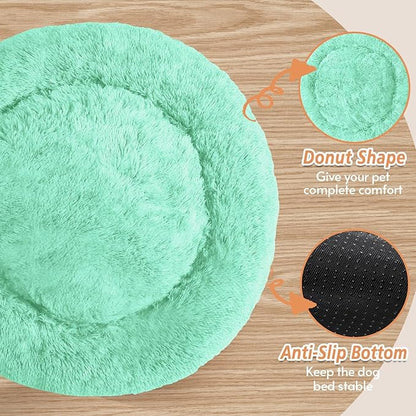 JOLLYVOGUE Small Dog & Cat Beds for Indoor Cats, Donut Cuddler Warming Soft Dog Beds with Anti-Slip Bottom, Round Calming Fluffy Plush Faux Fur Cushion Bed for Medium Dogs (31", Mint Green)