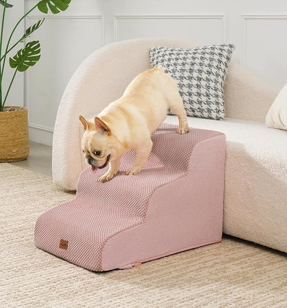 Made4Pets Dog Stairs Ramp for Small Dogs 15.7" H, 3-Step Dog Steps for Bed Couch Sofa and Chair, 35D Foam Pet Steps for Small Dogs and Cats, Non-Slip Bottom Pet Stairs, Pink