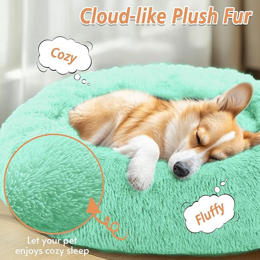 JOLLYVOGUE Small Dog & Cat Beds for Indoor Cats, Donut Cuddler Warming Soft Dog Beds with Anti-Slip Bottom, Round Calming Fluffy Plush Faux Fur Cushion Bed for Small Dogs (23", Mint Green)