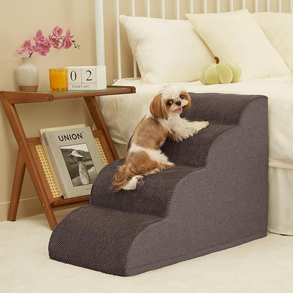 ROMROL Dog Stairs, Romrol Dog Steps Ramp for High Bed and Couch, Dog Ramp with Durable Non-Slip Waterproof Fabric Cover, Pet Stairs for Small Dogs and Cats or Pets Joints, 4-Tiers,Coffee