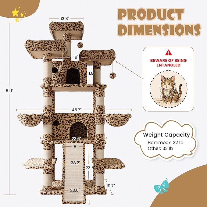 SHA CERLIN 81 Inches Extra Large Cat Tree for Indoor Adult Cats/XXL Big Cat Tower with Condo/Cozy Perches/Sisal Scratching Posts and Hammocks/Activity Center/F80/Heavy Duty/Leopard Print