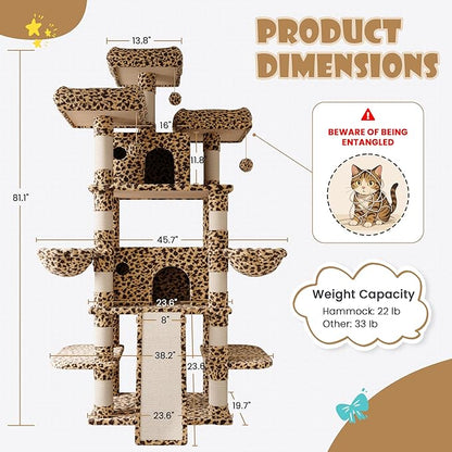 SHA CERLIN 81 Inches Extra Large Cat Tree for Indoor Adult Cats/XXL Big Cat Tower with Condo/Cozy Perches/Sisal Scratching Posts and Hammocks/Activity Center/F80/Heavy Duty/Leopard Print