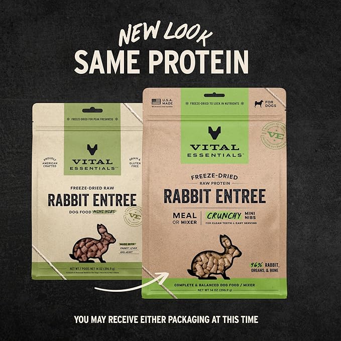 Vital Essentials Freeze-Dried Raw Rabbit Crunchy Mini Nibs | Complete Meal or Mixer Dog Food | 14 oz