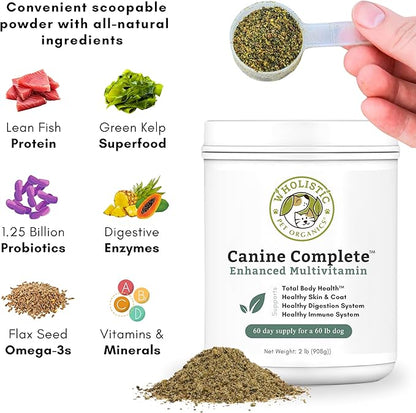 Wholistic Pet Organics Canine Complete - Dog Multivitamin Powder - 2 Lb - Daily Dog Vitamins and Supplements for Homemade Food - Immune System, Skin, Coat & Overall Health - Small and Large Breed