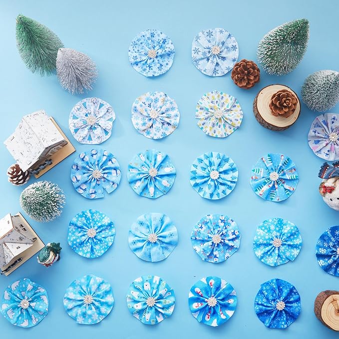 50 Pcs Winter Dog Collar Bows Bulk Blue and White Snowflake Bow Ties Flower Charms Attachment for Small Medium Large Dogs Cats Collar Winter Holiday Costume Accessories