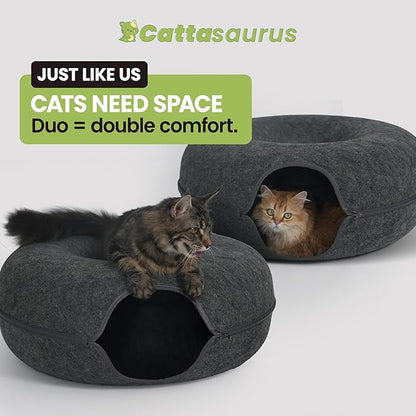 Cattasaurus Peekaboo Cat Cave Duo Jumbo Set, Extra Spacious Cat Donut for Multiple & Large Kitty 15+ lbs, Scratch Detachable Cat Beds for Indoor Cats, Washable Cat Tunnel Bed, Best Kitten Toys