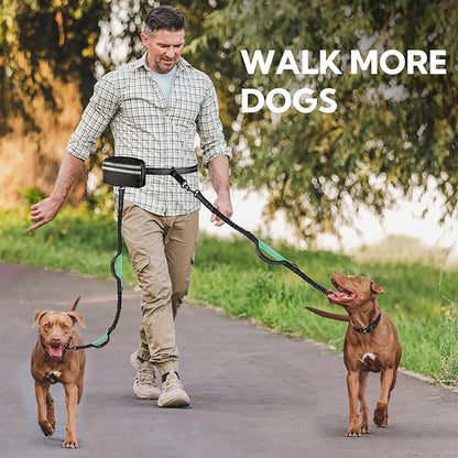 Hands Free Dog Leash with Pouch, Double Leash for Two Dogs, Retractable Bungee with Double Padded Handles, Waist for Dog Walking, Running for Dogs, Dog Walking Accessories