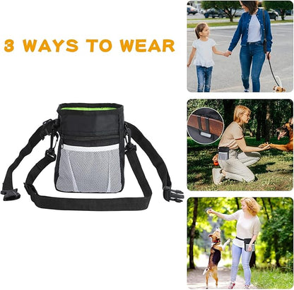 Dog Treat Pouch, 3 Ways to Wear Treat Pouches for Pet Training, Dog Training Treat Pouch with Waist Belt Shoulder Strap, Poop Bag, Collapsible Bowl, Dog Training Clicker