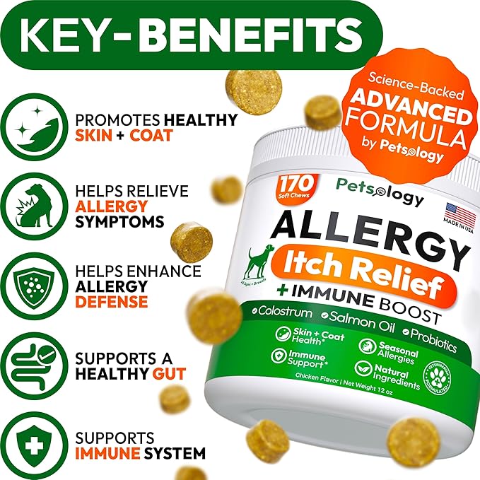 Dog Allergy Relief Chews - 170 Dog Allergy Chews - Itch Relief for Dogs - Omega 3 Fish Oil, Probiotics for Itchy Skin & Hot Spots Allergies, Paw Licking - Dry Skin & Coat Supplement - Immune Health