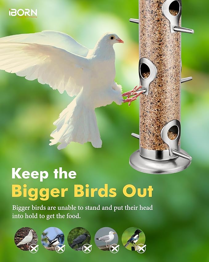 iBorn Metal Bird Feeders 6 Ports Hanging Wild Bird Seed Feeder for Mix Seed Blends,Seed Feeder, Sunflower Heart, Birdbath, Heavy Duty All Metal Nickel Finishing 15 Inch 6Port