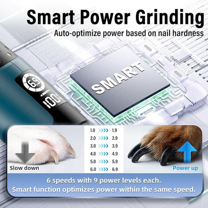 Casfuy Smart 6-Speed Dog Nail Grinder - 50% More Power Pet Nail Grinder with 2 LED Lights Quiet Rechargeable Electric Dog Nail Trimmers File Toenail Grinder for Large Medium Small Dogs & Cats (DB)