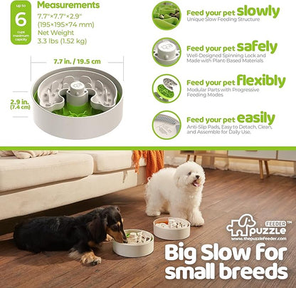 Puzzle Feeder Slow Feeder Dog Bowl for Puppies with Non-Slip Base - Adjustable Speed Design, Removable Puzzle Inserts & Dishwasher Safe, Green
