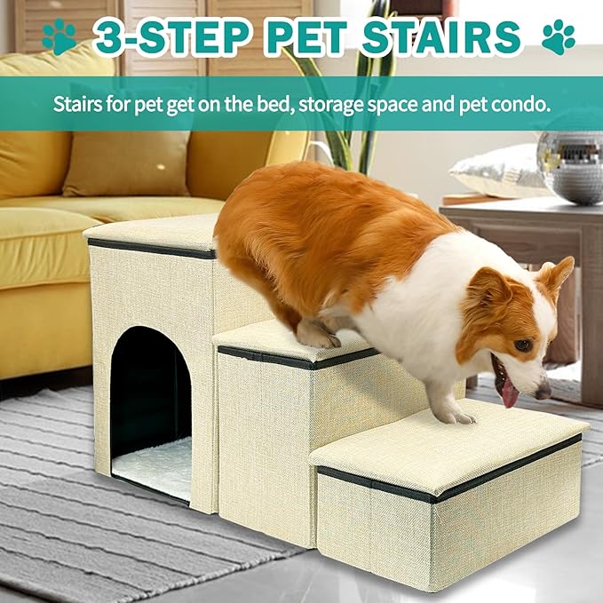 Fhiny Dog Stairs with Storage, 3-Steps Foldable Pet Stairs for Small Dogs Non-Slip Puppy Steps with Condo for High Bed & Couch Dog Ramp for Old Dogs and Cats, Holding up to 160 lbs Pets (Khaki)