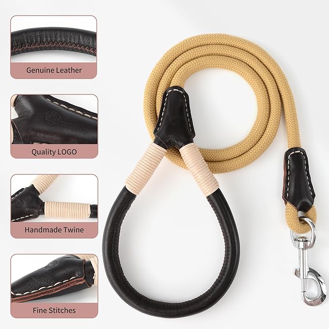 Mile High Life Genuine Leather Wrapped Handle Dog Leash, w Heavy Duty Clasp Rope Leash for Small Medium Large Dogs (Yellow, 6FT)