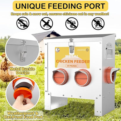 Automatic Chicken Feeder No Waste Metal Poultry Feeder Large Capacity 25lbs for Chickens, Geese, Ducks, Turkeys, Quails (4-Port)