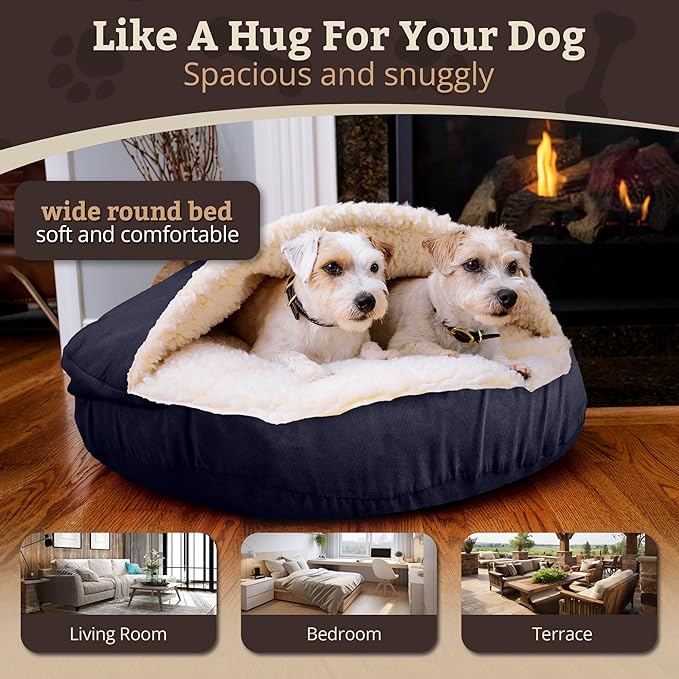 Snoozer Cozy Cave Dog Bed - Indoor Dog Bed with Cover Cave, Covered Calming Burrow for Medium & Large Sized Pets with Blanket Attached, Enclosed, Removable Washable Cover - XL, Navy
