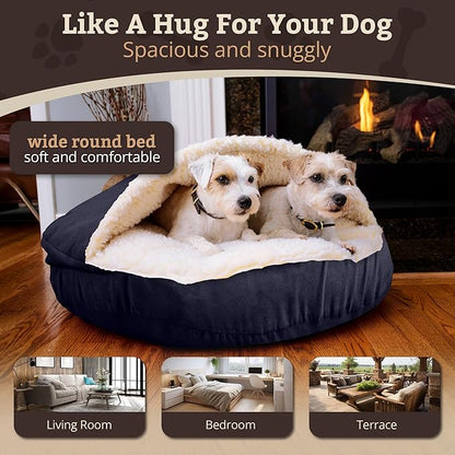 Snoozer Cozy Cave Dog Bed - Indoor Dog Bed with Cover Cave, Covered Calming Burrow for Small & Medium Sized Pets with Blanket Attached, Enclosed, Removable Washable Cover - Large, Navy