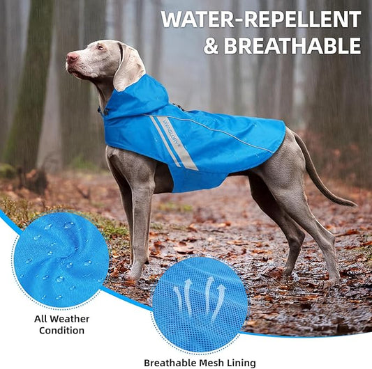 VIVAGLORY Wetoff Dog Raincoat, Rain Coat for Dog All Seasons Adventure, Rain Jacket with Harness Hole & Hood, Reflective Lightweight Waterproof for Doggy & Puppy, XL, Blue