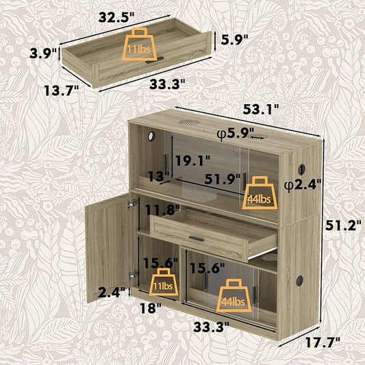 DAWNSPACES Terrarium Stand, Bearded Dragon Cage, Reptile Tank Stand Enclosure, Terrarium Table with Tempered Glass, Ventilation Holes, 1 Cabinet and 1 Drawer for Living Room, Light Oak