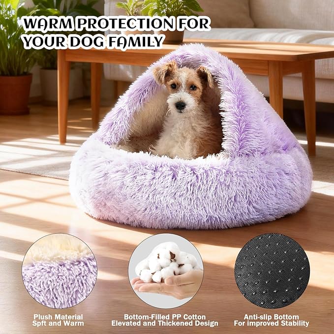 NOYAL Round Hooded Donut Dog Bed for Small & Medium Pets - Plush Fluffy Anti-Anxiety Cat Cave Bed with Cover