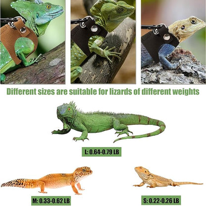 KABASI Bearded Dragon Harness Leash Set, 3 Size Adjustable Lizards Training Walking Leather Vest Escape-Proof Traction Rope for Squirrel and Other Outdoor Small Reptiles (Brown)