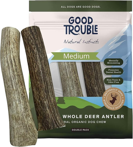 Good Trouble Premium Deer Antlers for Medium Dogs – 2 Whole Antlers Pets - North American Sourced for Dental Health & Anxiety Relief - Odor-Free & Non-Toxic Chew Bone for Dogs