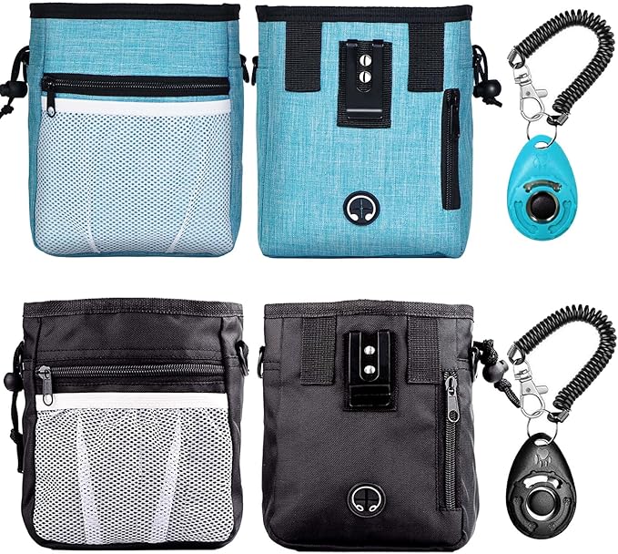 STMK Dog Treat Pouch Dog Clicker Training Kit, Dog Training Treat Pouch Dog Clicker for Training, 3 Ways to Wear Easily Carries Treat Pouches for Pet Training (Black and Light Blue)