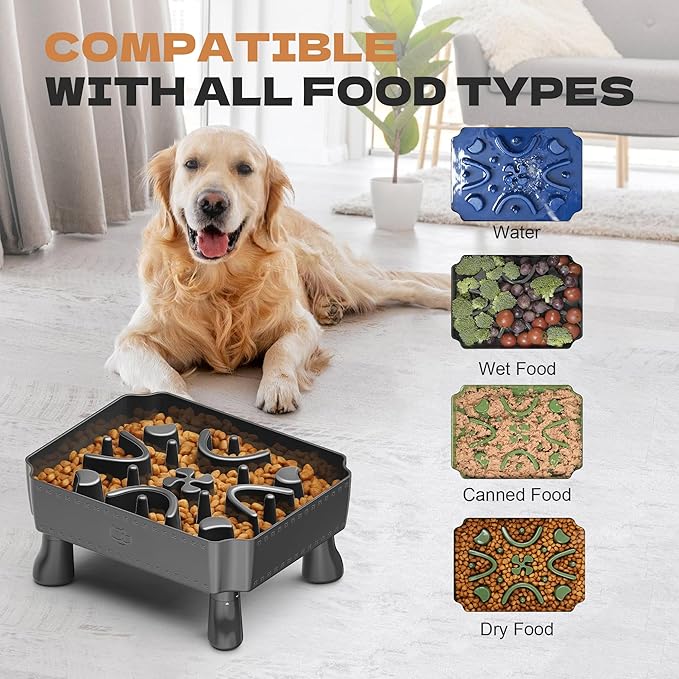 UPSKY Slow Feeder Dog Bowl, 2-in-1 Raised Dog Bowl with Anti-Choking Maze Puzzle, 2-6 Cups Pet Food for Small & Medium Breeds, Interactive Pet Feeder to Slow Eating, Reduce Boredom Grey