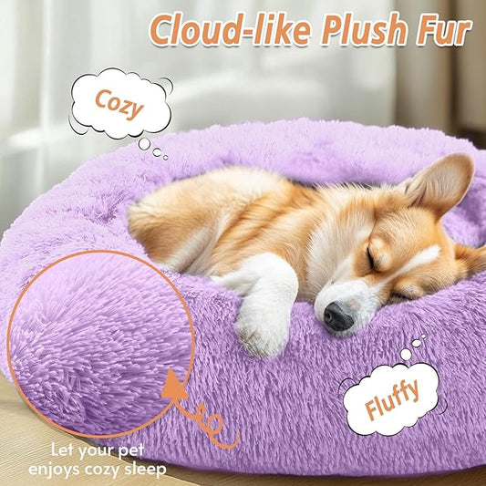 JOLLYVOGUE Small Dog & Cat Beds for Indoor Cats, Donut Cuddler Warming Soft Dog Beds with Anti-Slip Bottom, Round Calming Fluffy Plush Faux Fur Cushion Bed for Medium Dogs (31", Purple)