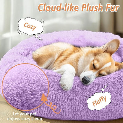 JOLLYVOGUE Small Dog & Cat Beds for Indoor Cats, Donut Cuddler Warming Soft Dog Beds with Anti-Slip Bottom, Round Calming Fluffy Plush Faux Fur Cushion Bed for Small Dogs (23", Purple)
