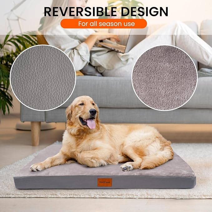Waterproof XLarge Dog Bed for Large and Extra Large Dogs, Orthopedic Washable Crate Pad 41 inch, XL Egg Crate Foam Pet Bed Mat with Removable Cover, Anti-Slip Reversible Kennel Pad, 41''×27'', Grey