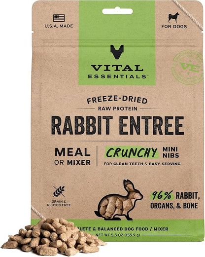 Vital Essentials Freeze-Dried Raw Rabbit Crunchy Mini Nibs | Complete Meal or Mixer Dog Food | 5.5 oz