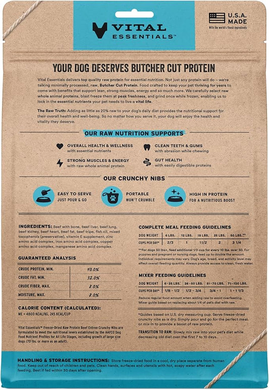 Vital Essentials Freeze-Dried Raw Beef Crunchy Nibs | Complete Meal or Mixer Dog Food | 14 oz