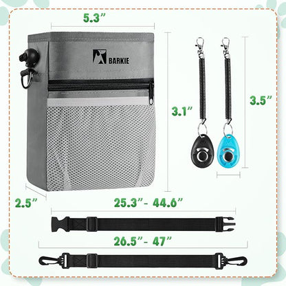 BARKIE Dog Treat Pouch and 2 Dog Training Clickers with Dog Positive Reinforcement Training Booklet (Grey)