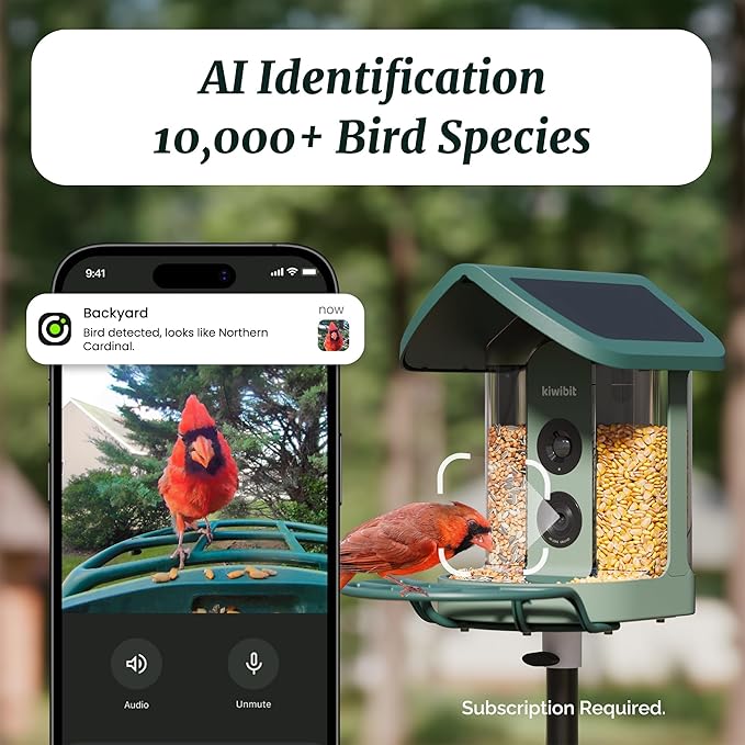 Kiwibit Beako™ Smart Bird Feeder with 4K Camera 4.4W Solar Roof for Outdoors - Ultra HD Live Stream & Photos, 10,000+ Bird Species AI-Identified, Real-Time Motion Detection, Easy Setup, Refill & Clean